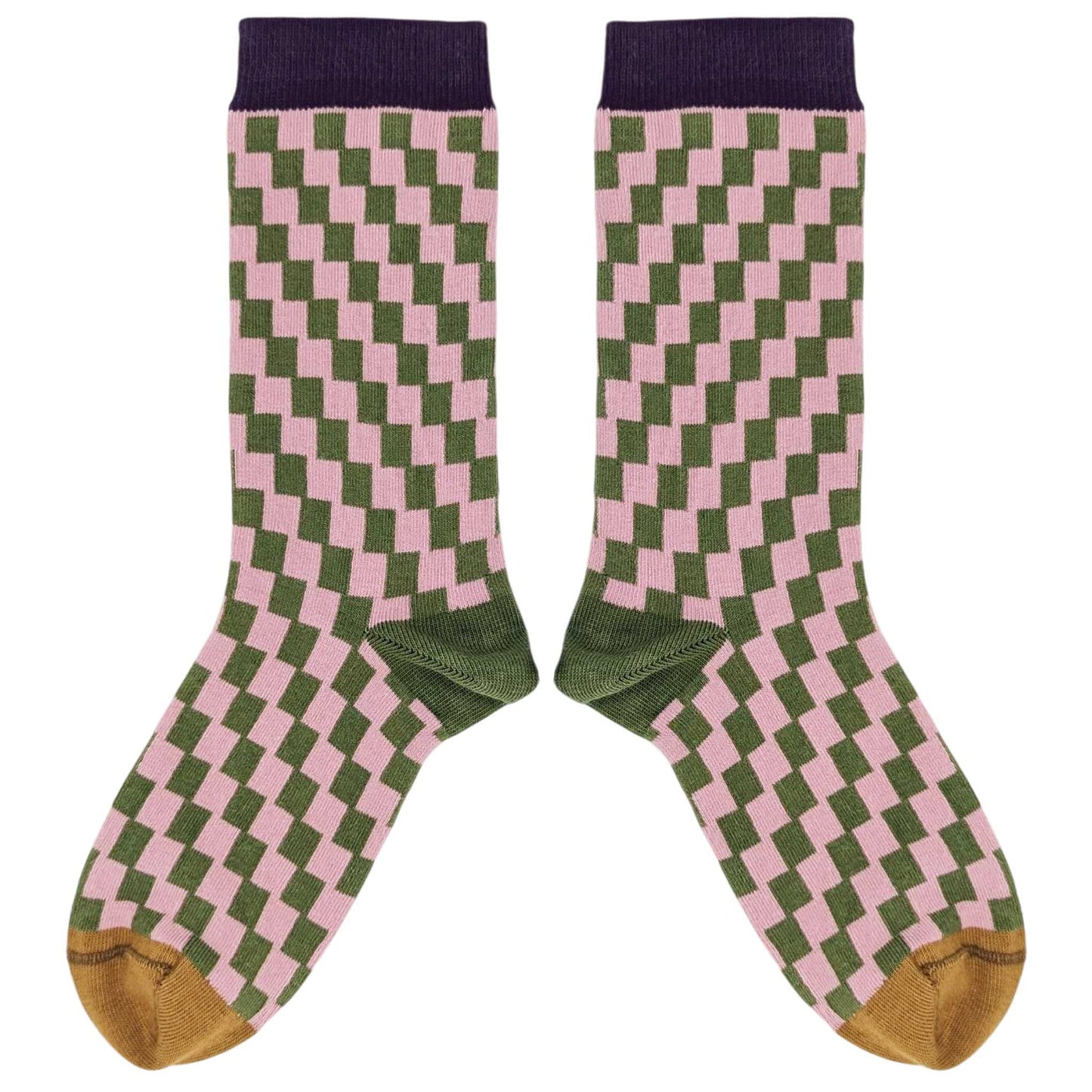 Women's Organic Cotton Crew Socks.  Small Check- Light Pink/Khaki