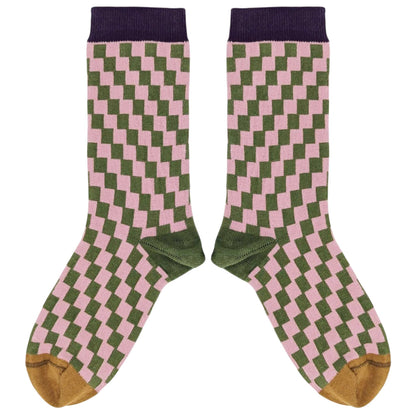Women's Organic Cotton Crew Socks.  Small Check- Light Pink/Khaki