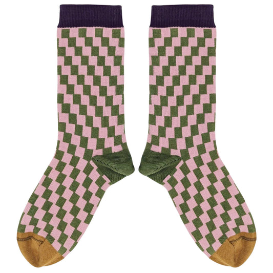Women's Organic Cotton Crew Socks.  Small Check- Light Pink/Khaki
