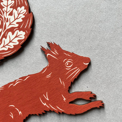 Squirrel Screenprinted Wooden Decoration - Rusty Red