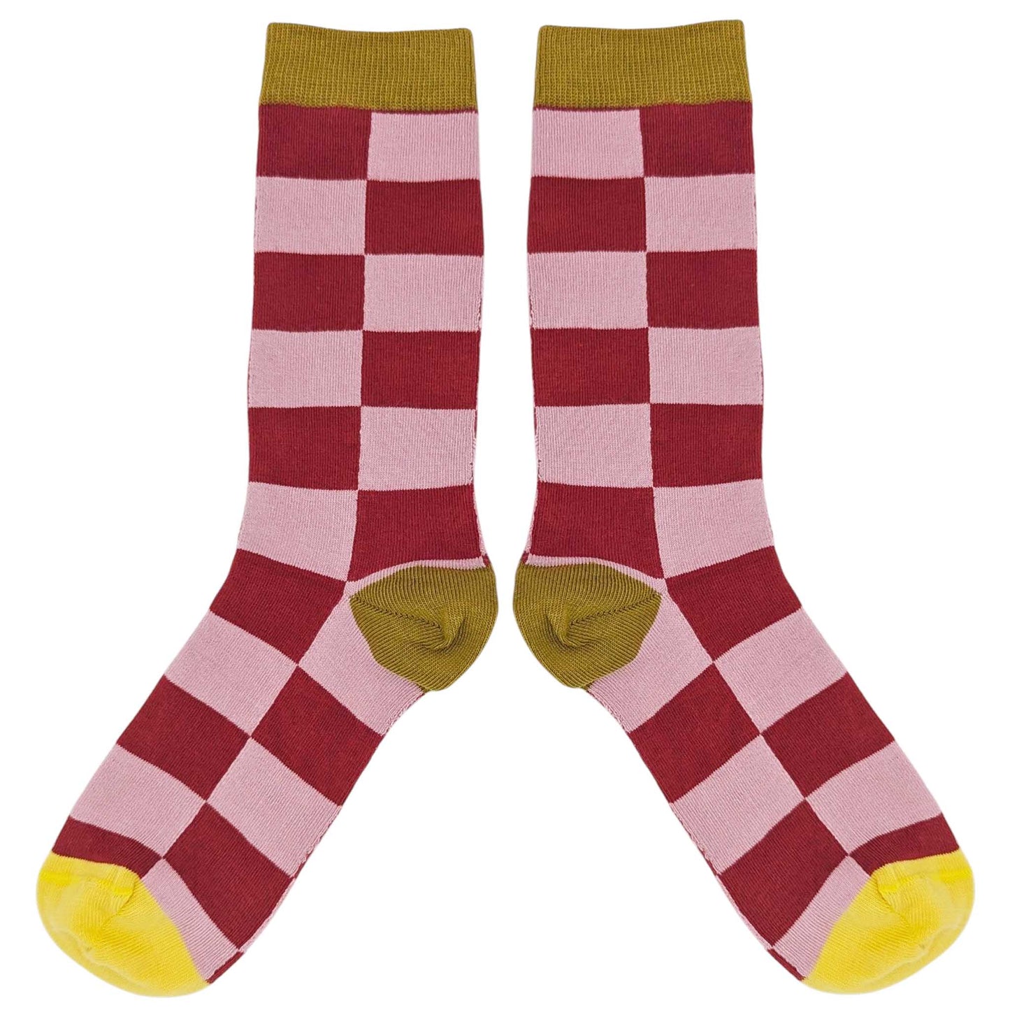 Women's Organic Cotton Crew Socks.  Large Check - Red/Light Pink