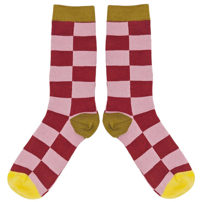 Women's Organic Cotton Crew Socks.  Large Check - Red/Light Pink
