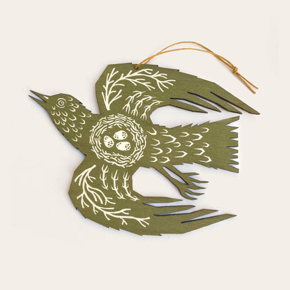 Screenprinted Wooden Decoration - Woodland Bird - Olive Green