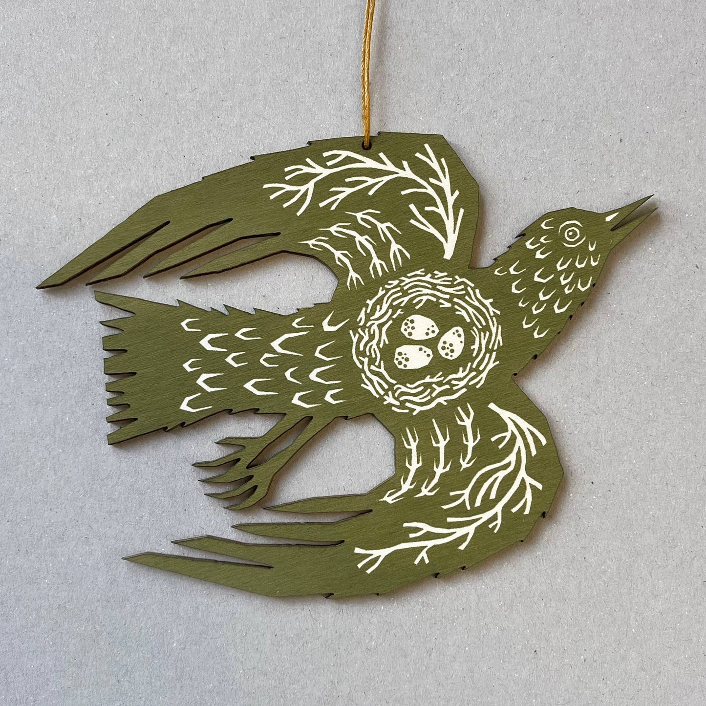 Screenprinted Wooden Decoration - Woodland Bird - Olive Green