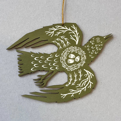 Screenprinted Wooden Decoration - Woodland Bird - Olive Green