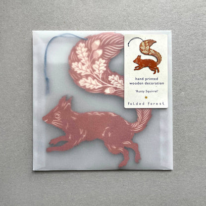 Squirrel Screenprinted Wooden Decoration - Rusty Red