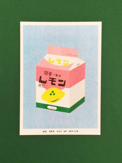 A risograph print of a box of lemon milk