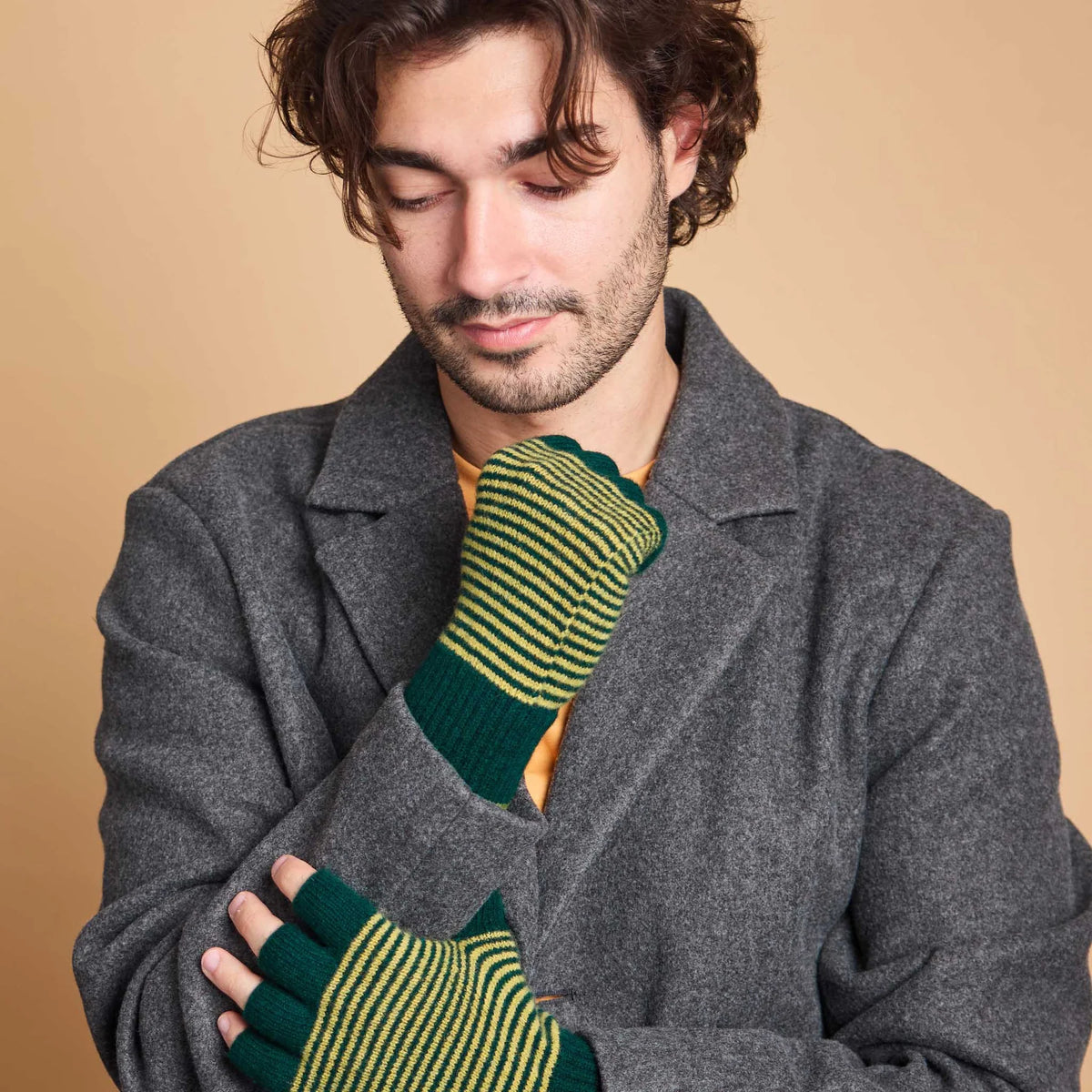 Unisex Lambswool Fingerless Gloves: Fine Stripe - Dark Green