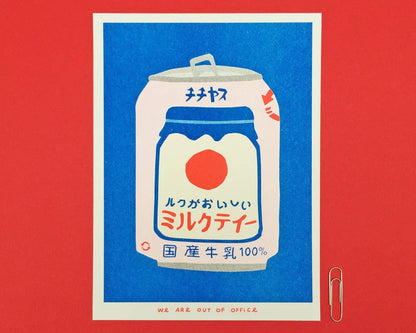 A risograph print of a japanese can of milky tea from a vending machine.