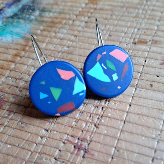 Ocean Blue Speckle Large Round Drop Earrings