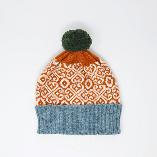 Rust and Lichen Lambswool Hat with Green Pom Pom