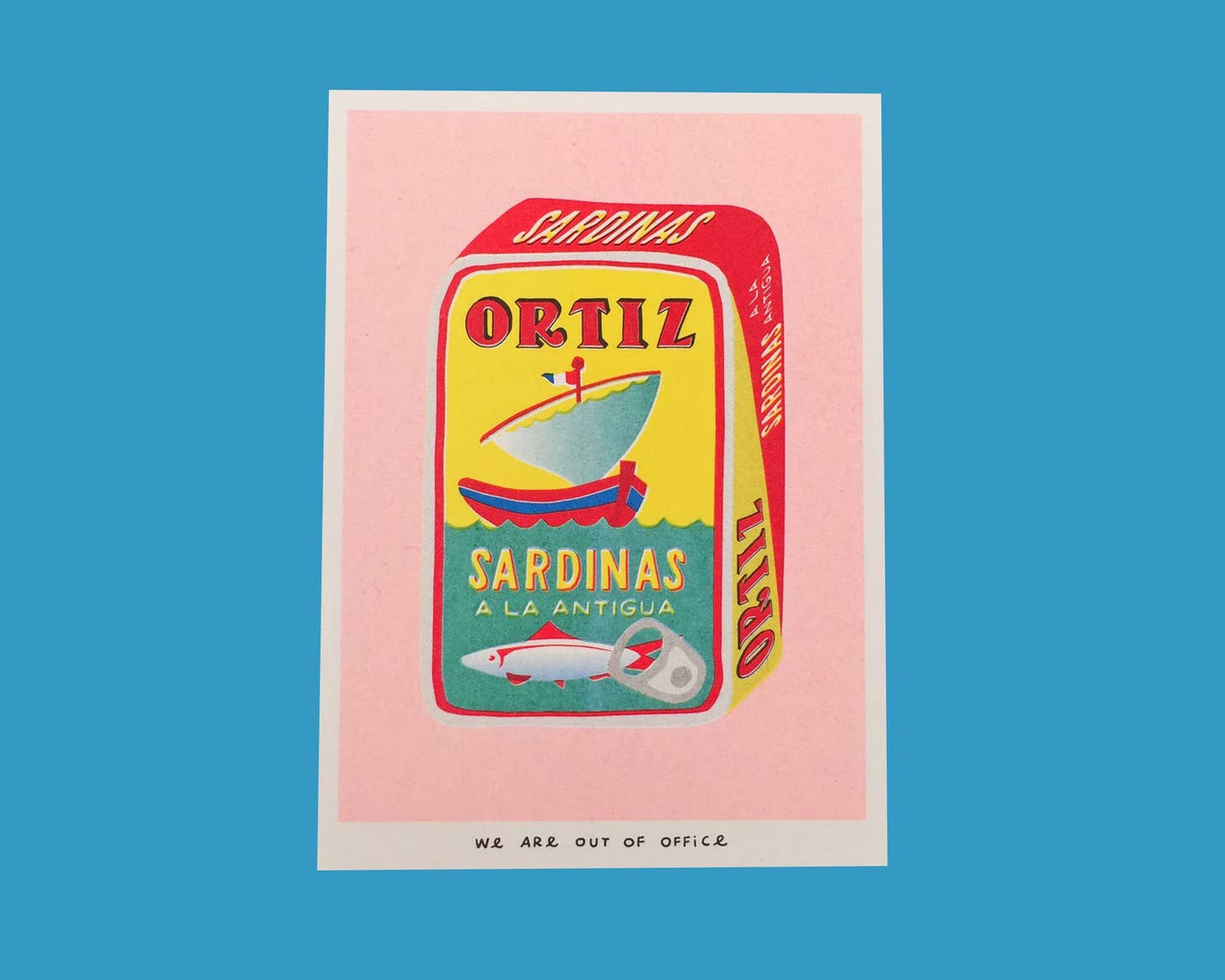 A beautifully coloured risograph print of a can of sardinas.