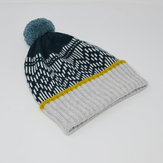 Petrol Green and Grey Pom Pom Hat