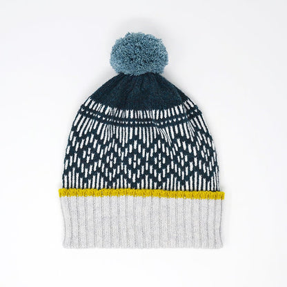 Petrol Green and Grey Pom Pom Hat