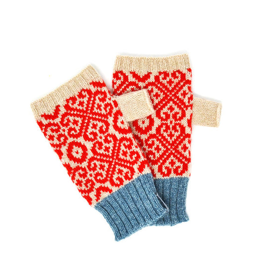 Fair Isle style fingerless gloves in Poppy and Oatmeal