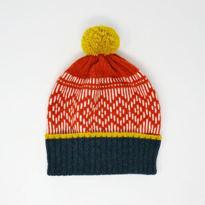 Rusty Orange and Petrol Hat with Yellow Pom Pom