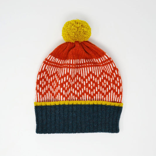 Rusty Orange and Petrol Hat with Yellow Pom Pom