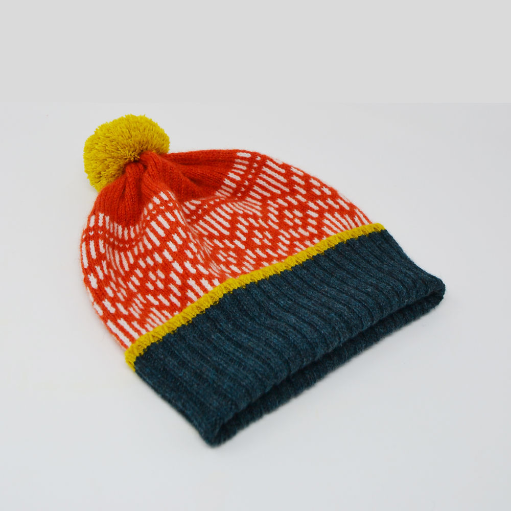 Rusty Orange and Petrol Hat with Yellow Pom Pom