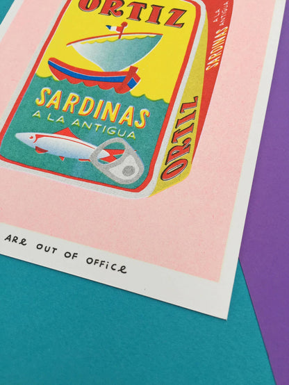 A beautifully coloured risograph print of a can of sardinas.