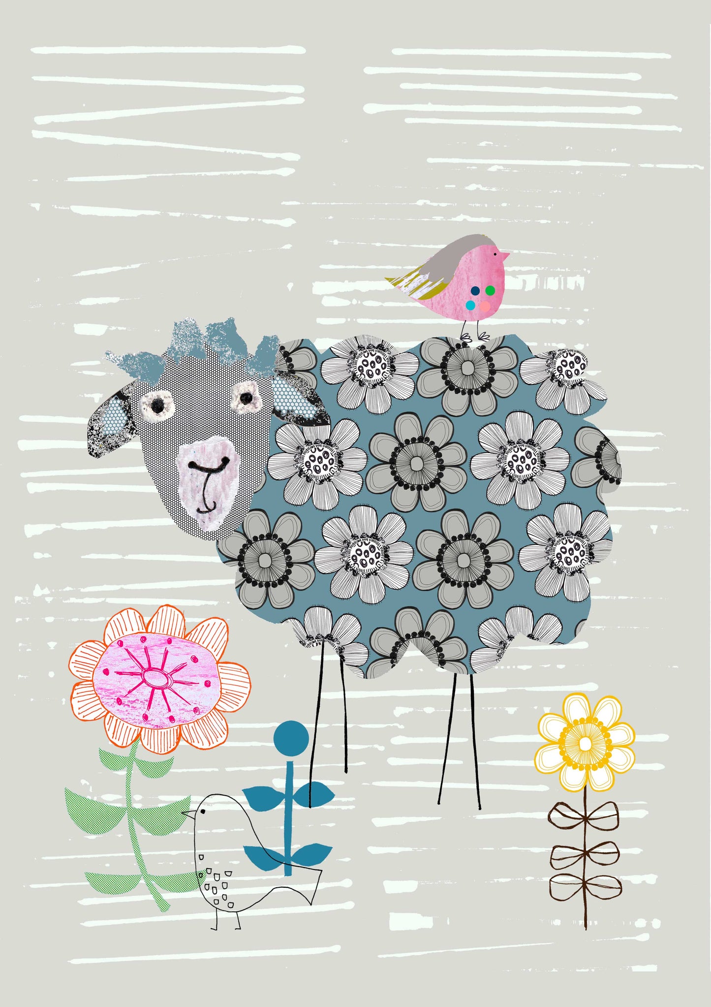 Floral Sheep in Blue Card