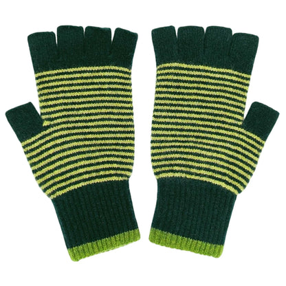 Unisex Lambswool Fingerless Gloves: Fine Stripe - Dark Green