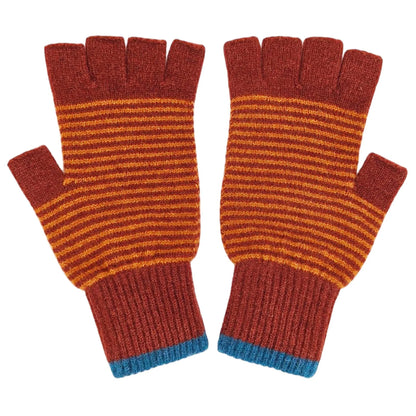 Unisex Lambswool Fingerless Gloves: Fine Stripe - Dark Red