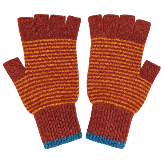 Unisex Lambswool Fingerless Gloves: Fine Stripe - Dark Red