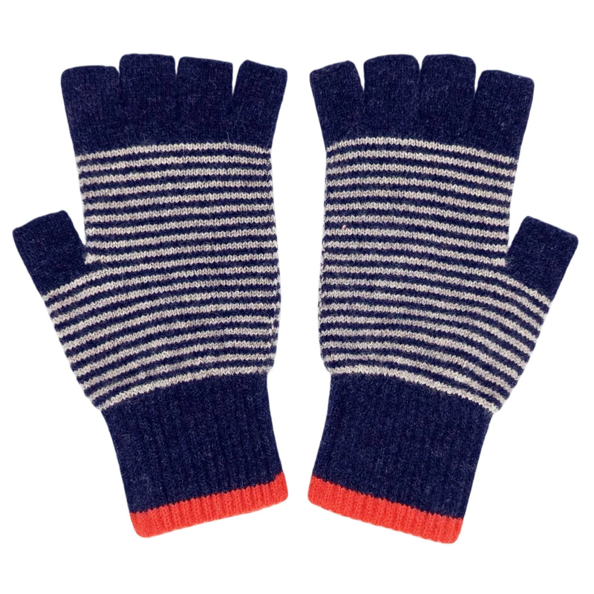 Unisex Lambswool Fingerless Gloves: Fine Stripe - Navy