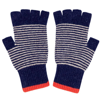Unisex Lambswool Fingerless Gloves: Fine Stripe - Navy