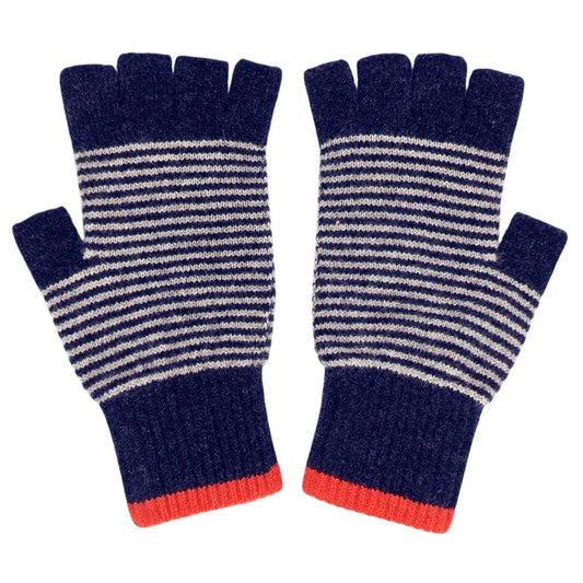 Unisex Lambswool Fingerless Gloves: Fine Stripe - Navy