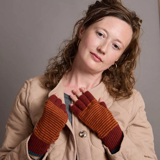 Unisex Lambswool Fingerless Gloves: Fine Stripe - Dark Red
