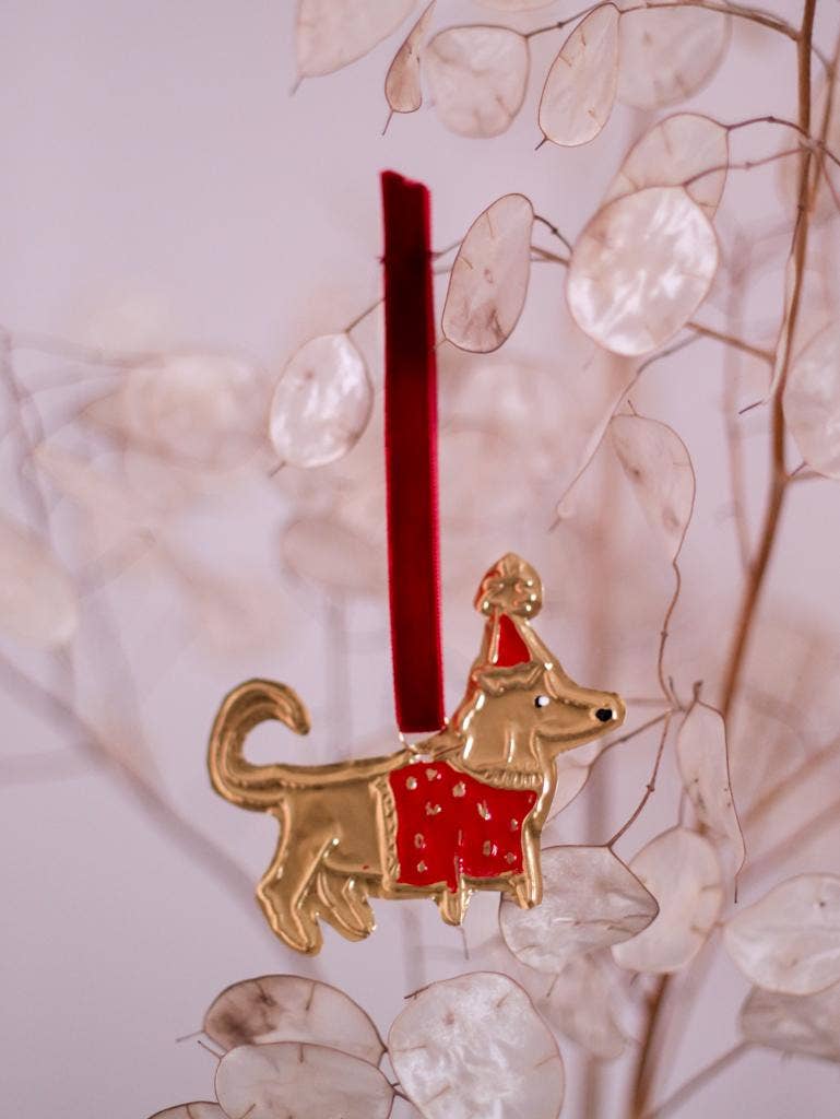 Dog in Jumper Ornament - Tin Embossed with Ribbon