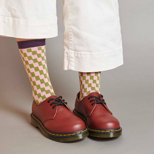 Women's Organic Cotton Crew Socks.  Small Check- Light Pink/Khaki