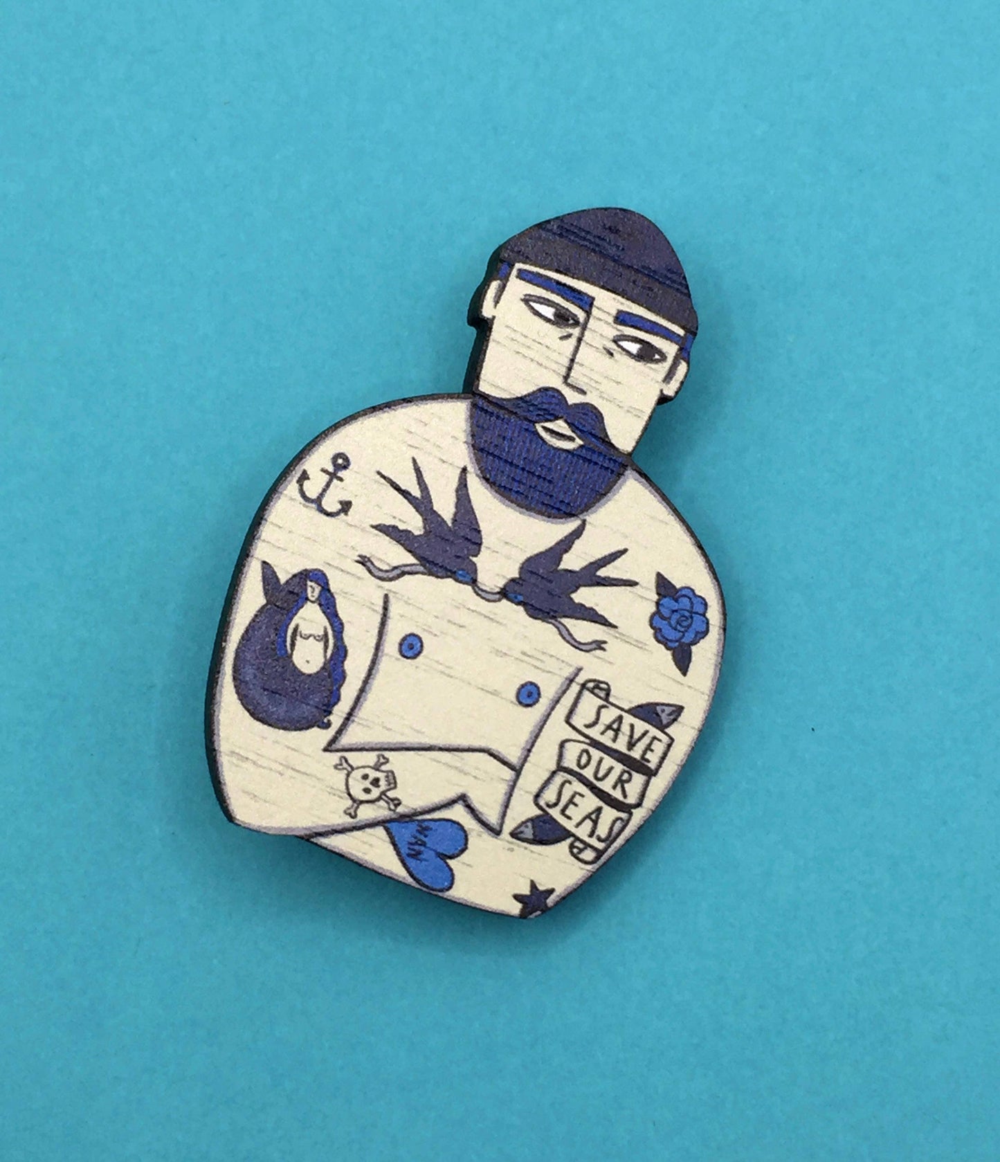 Tattooed Sailor Wooden Pin Brooch