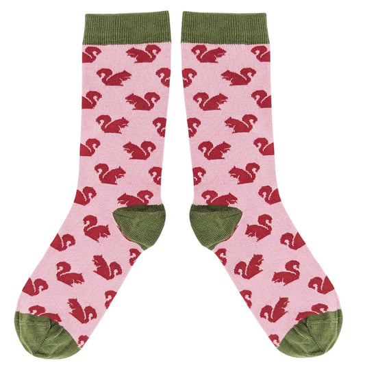Women's Organic Cotton Crew Socks. Squirrel - Pink/Red