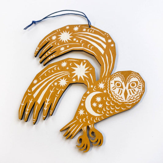 Owl Screenprinted Wooden Decoration  - Yellow Ochre
