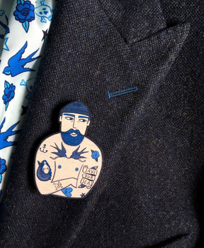 Tattooed Sailor Wooden Pin Brooch