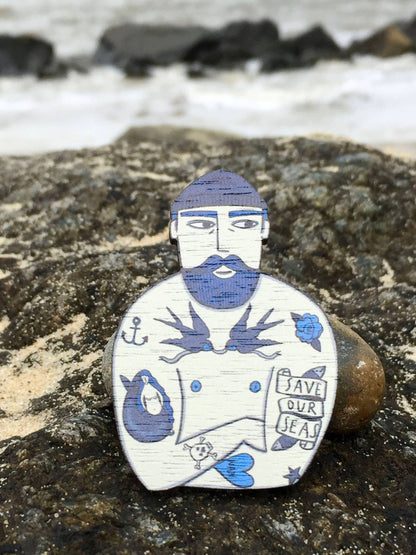 Tattooed Sailor Wooden Pin Brooch