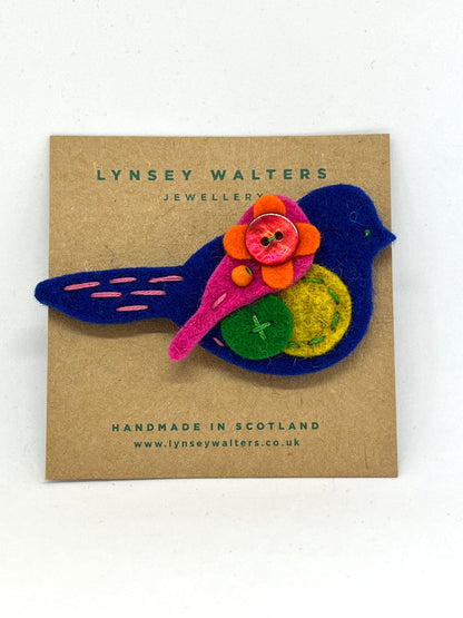 Cobalt and Bright Bird Brooch by Lynsey Walters