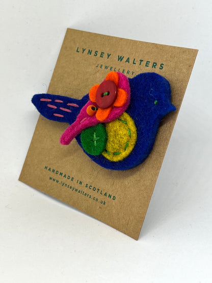 Cobalt and Bright Bird Brooch by Lynsey Walters