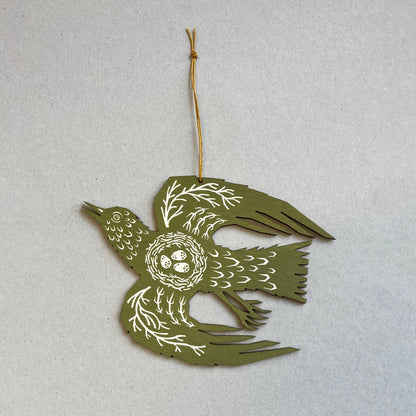 Screenprinted Wooden Decoration - Woodland Bird - Olive Green