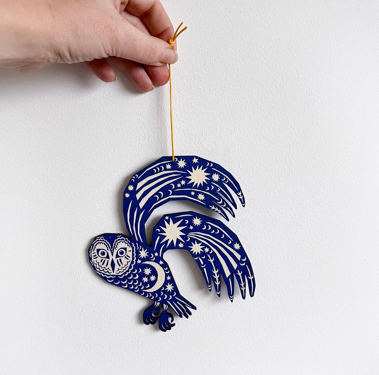 Owl Screenprinted Wooden Decoration - Midnight Blue