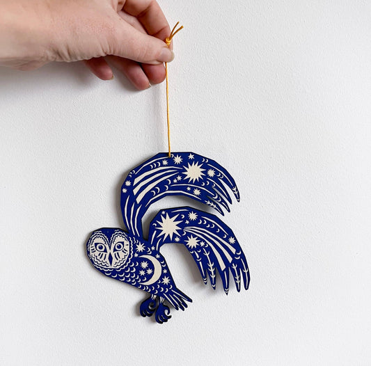 Owl Screenprinted Wooden Decoration - Midnight Blue