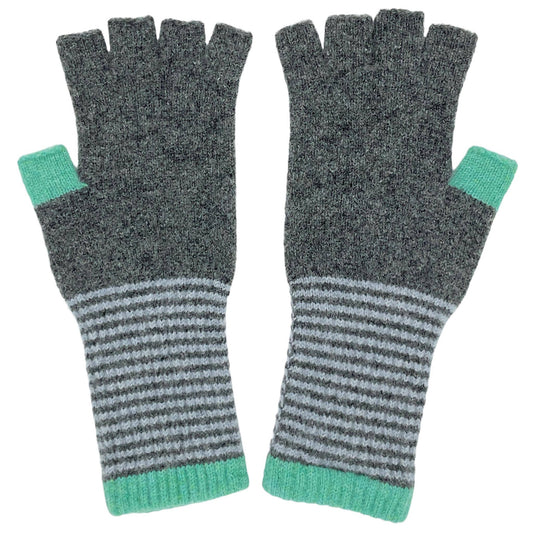 Women's Lambswool Fingerless Gloves - Grey & Spearmint