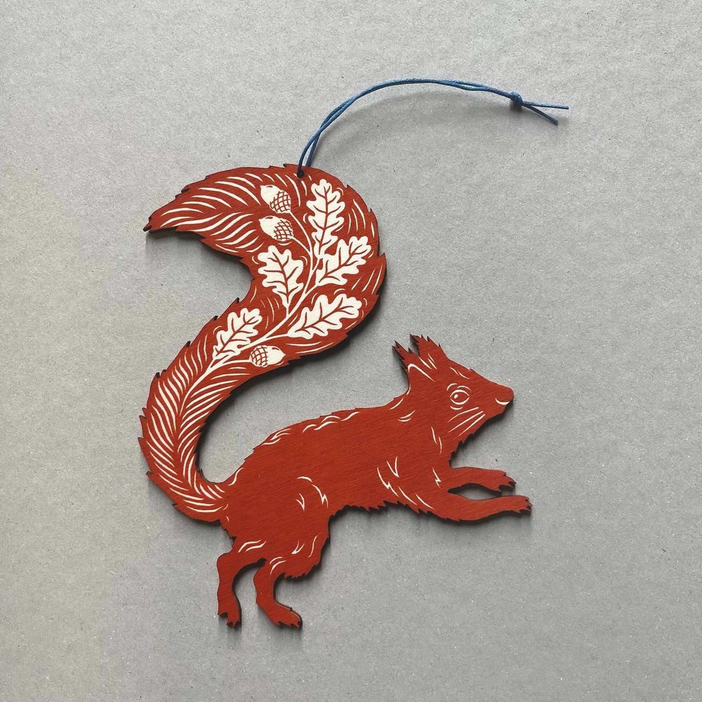 Squirrel Screenprinted Wooden Decoration - Rusty Red