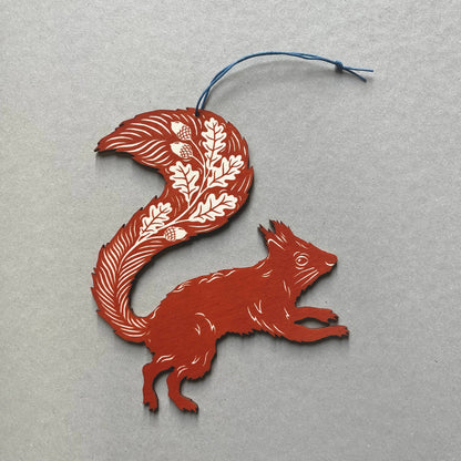 Squirrel Screenprinted Wooden Decoration - Rusty Red