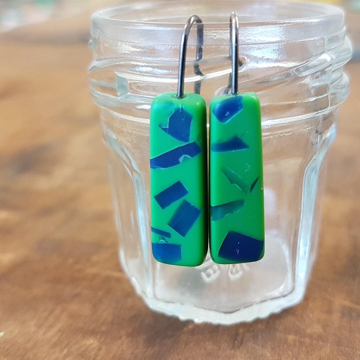 Green Speckle - Little Bar Drop Earrings