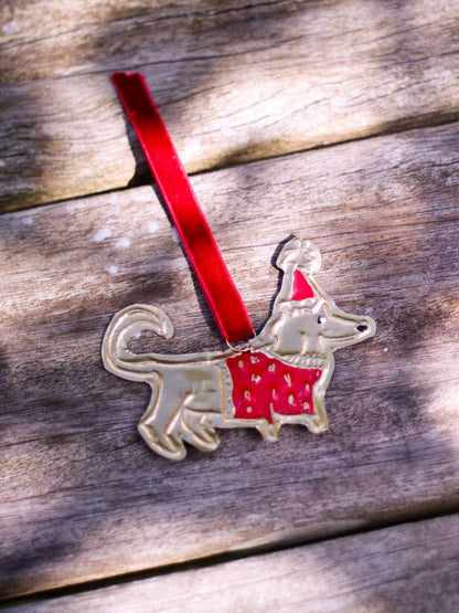 Dog in Jumper Ornament - Tin Embossed with Ribbon