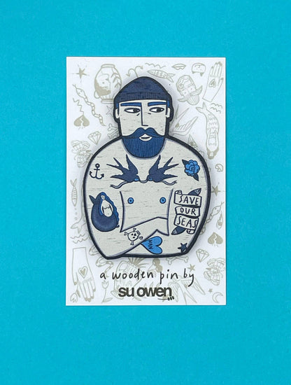 Tattooed Sailor Wooden Pin Brooch