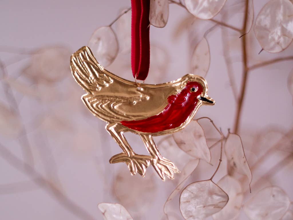 Robin Ornament -  Tin Embossed with Ribbon